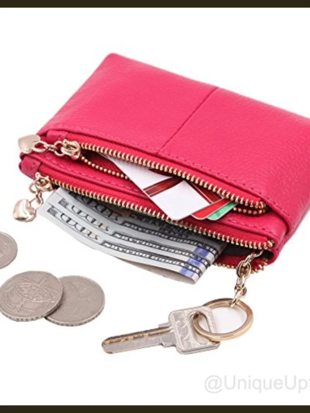Genuine Leather Mini Coin Purse Key Ring Triple Zipper Card Holder Wallet